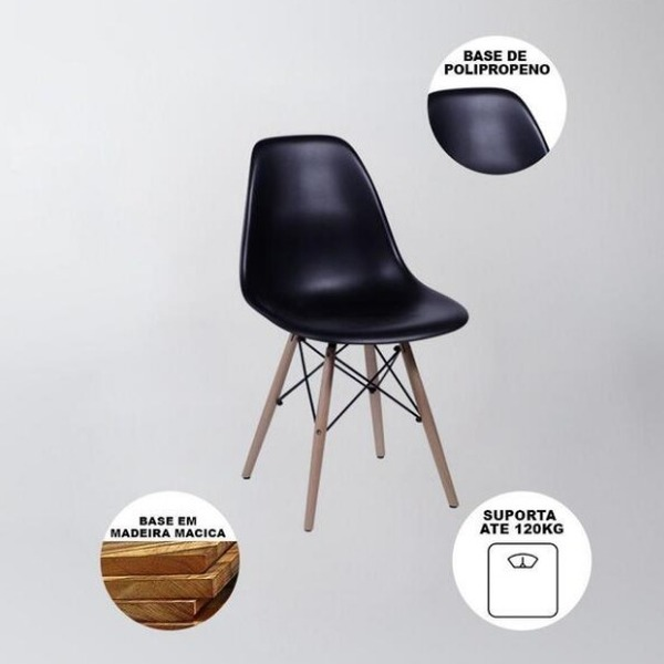 Mesa Redonda 90cm Com 4 Cadeiras Eames Eiffel Pés De Madeira Preta - Decor Doria
