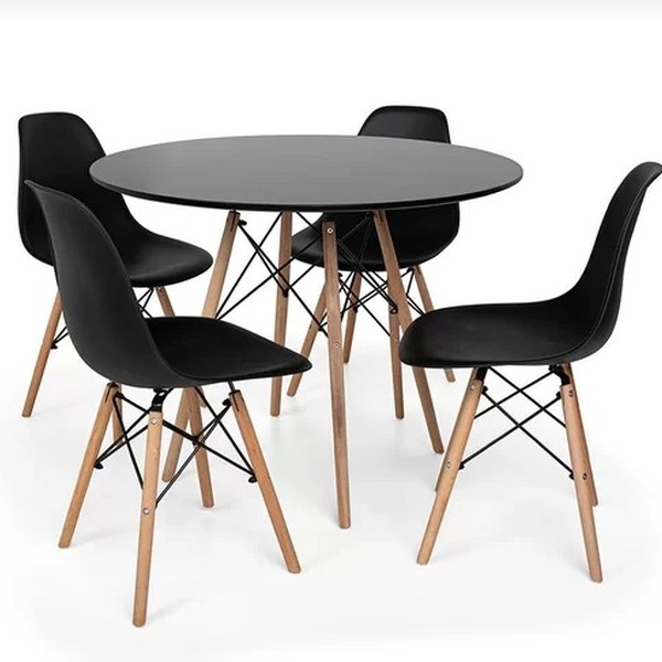 Mesa Redonda 90cm Com 4 Cadeiras Eames Eiffel Pés De Madeira Preta - Decor Doria
